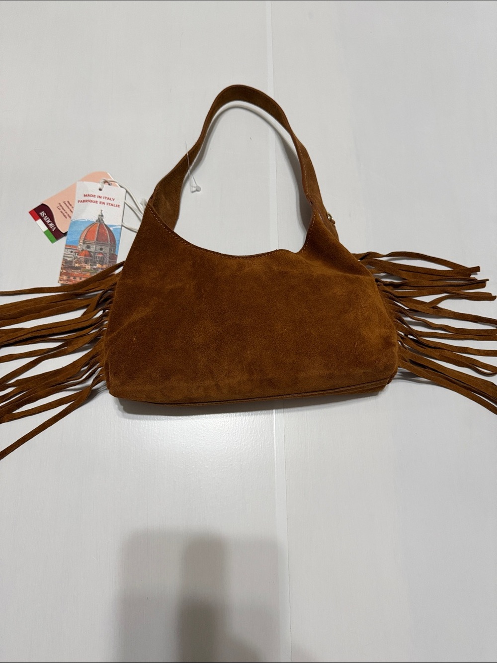 Isadora Brown Suede Fringe Shoulder & Crossbody Mini Bag NWT made in Italy 5”x10